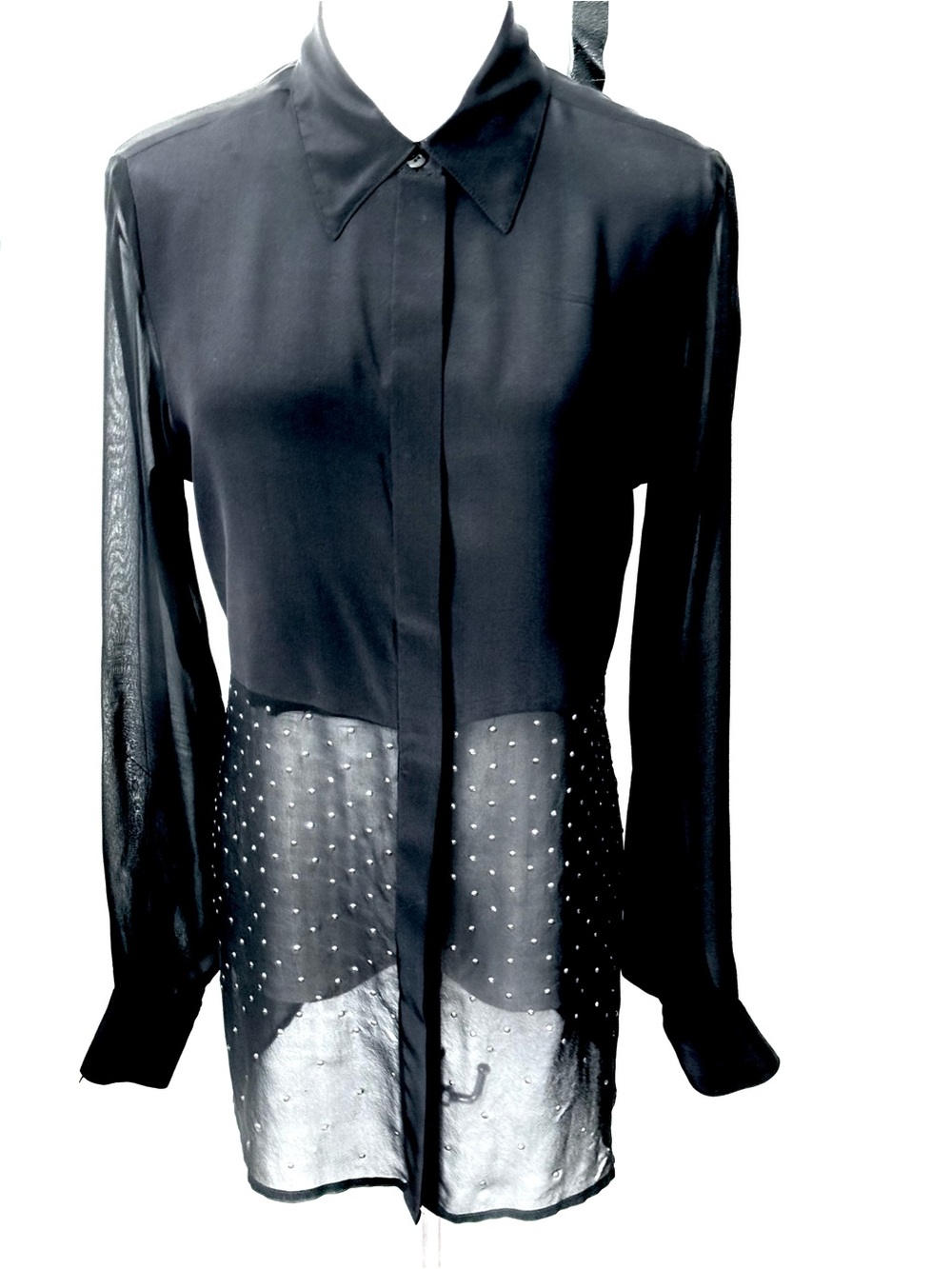 Elizabeth & James 100% Silk Tuxedo Tunic Blouse Black Sheer Organza Rhinestone M